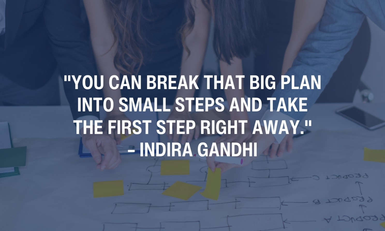 In the background, there's a group of hands with post-it notes and a poster making a plan. There's a navy blue filter over the image. On top, there's a quote that states: "You can break that big plan into small steps and take the first step right away." – Indira Gandhi