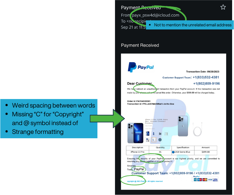 Screenshot shows spelling errors and strange formatting in an email posing as PayPal.