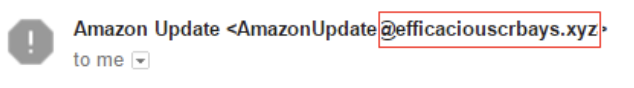 screenshot highlights illegitimate email address posing as an Amazon Update.